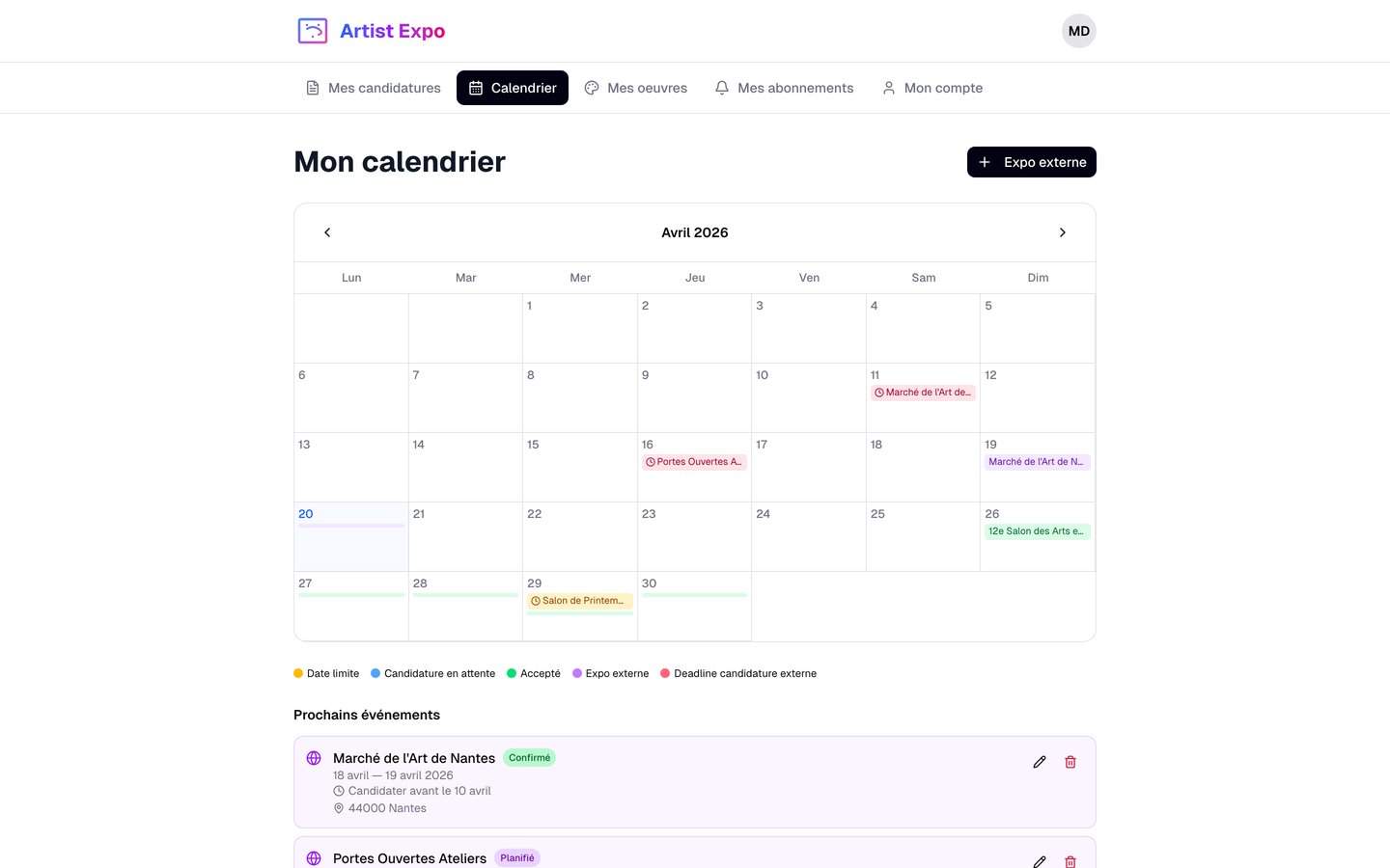 Calendrier des événements artistiques